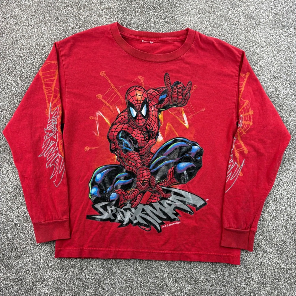 Vintage Marvel Spiderman Shirt Kids Large Red Cotton Long Sleeve 2003 Spidey